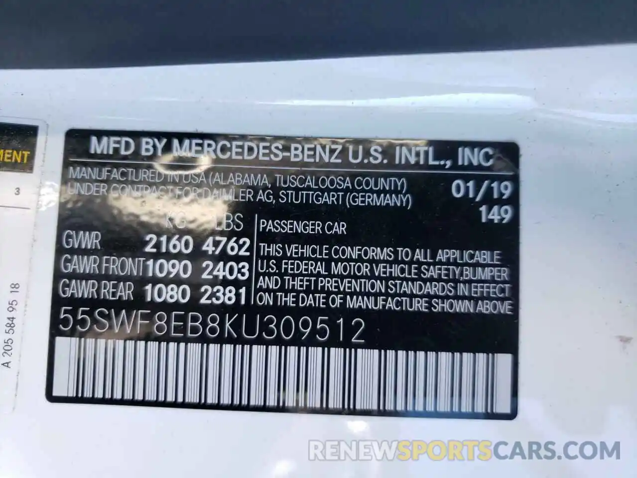 10 Photograph of a damaged car 55SWF8EB8KU309512 MERCEDES-BENZ C-CLASS 2019