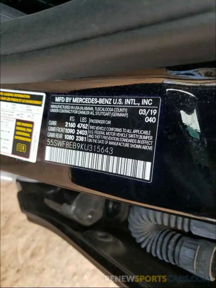 10 Photograph of a damaged car 55SWF8EB9KU315643 MERCEDES-BENZ C CLASS 2019