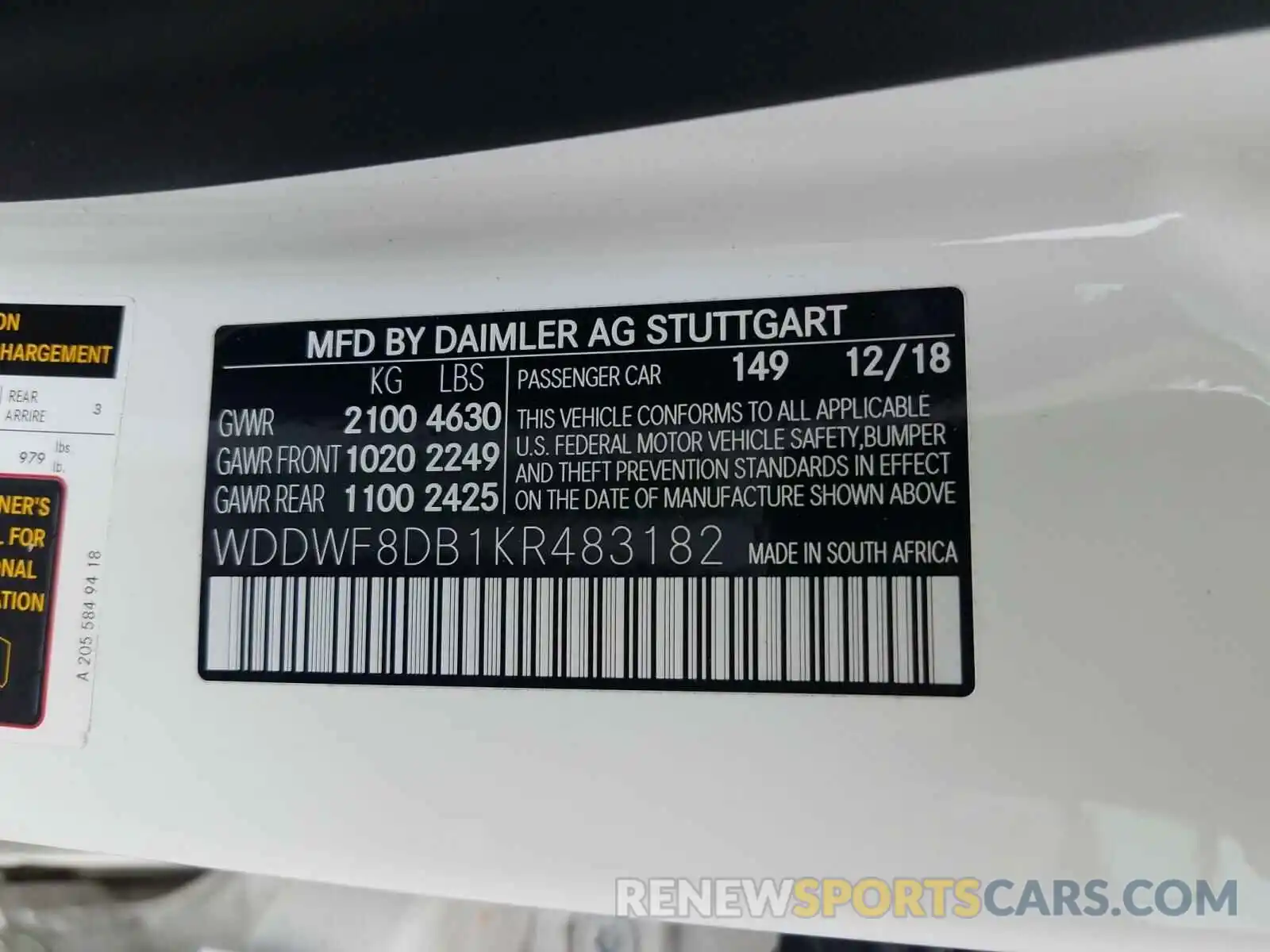 10 Photograph of a damaged car WDDWF8DB1KR483182 MERCEDES-BENZ C CLASS 2019