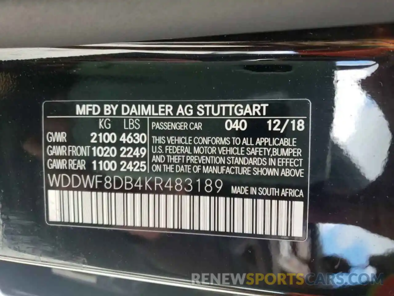 10 Photograph of a damaged car WDDWF8DB4KR483189 MERCEDES-BENZ C-CLASS 2019