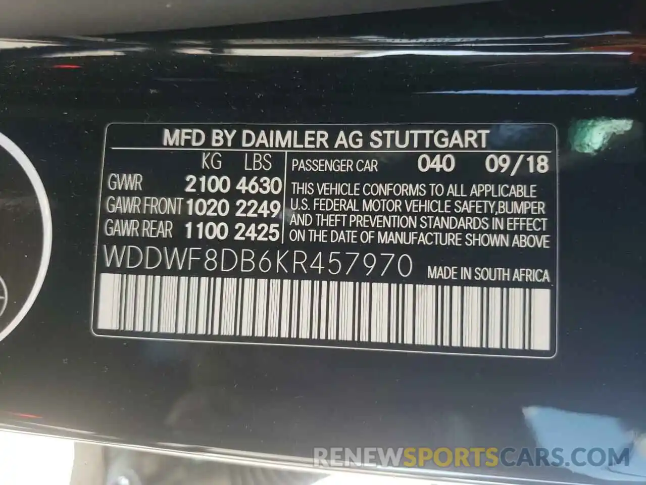 10 Photograph of a damaged car WDDWF8DB6KR457970 MERCEDES-BENZ C-CLASS 2019