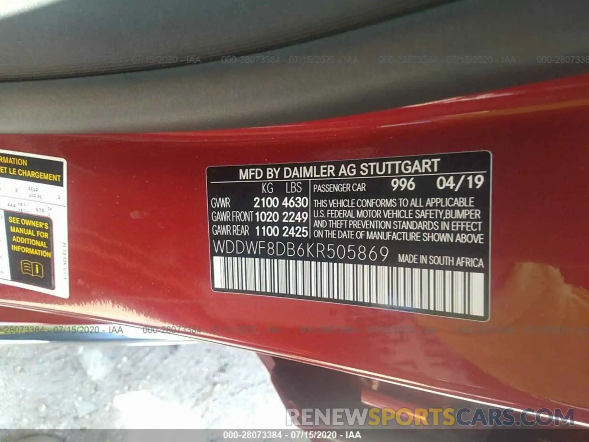 9 Photograph of a damaged car WDDWF8DB6KR505869 MERCEDES-BENZ C-CLASS 2019