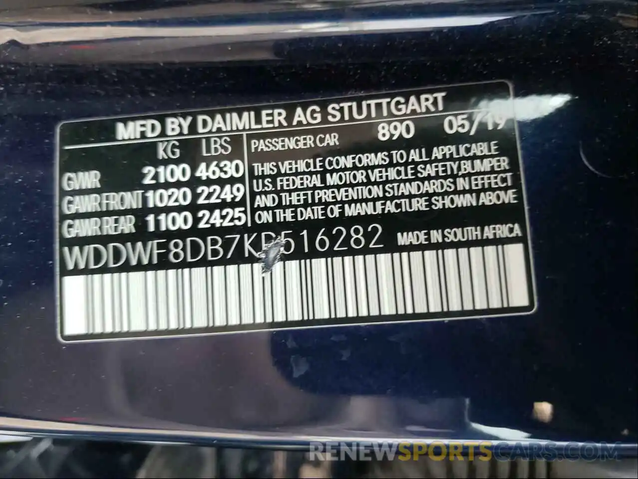 10 Photograph of a damaged car WDDWF8DB7KR516282 MERCEDES-BENZ C-CLASS 2019