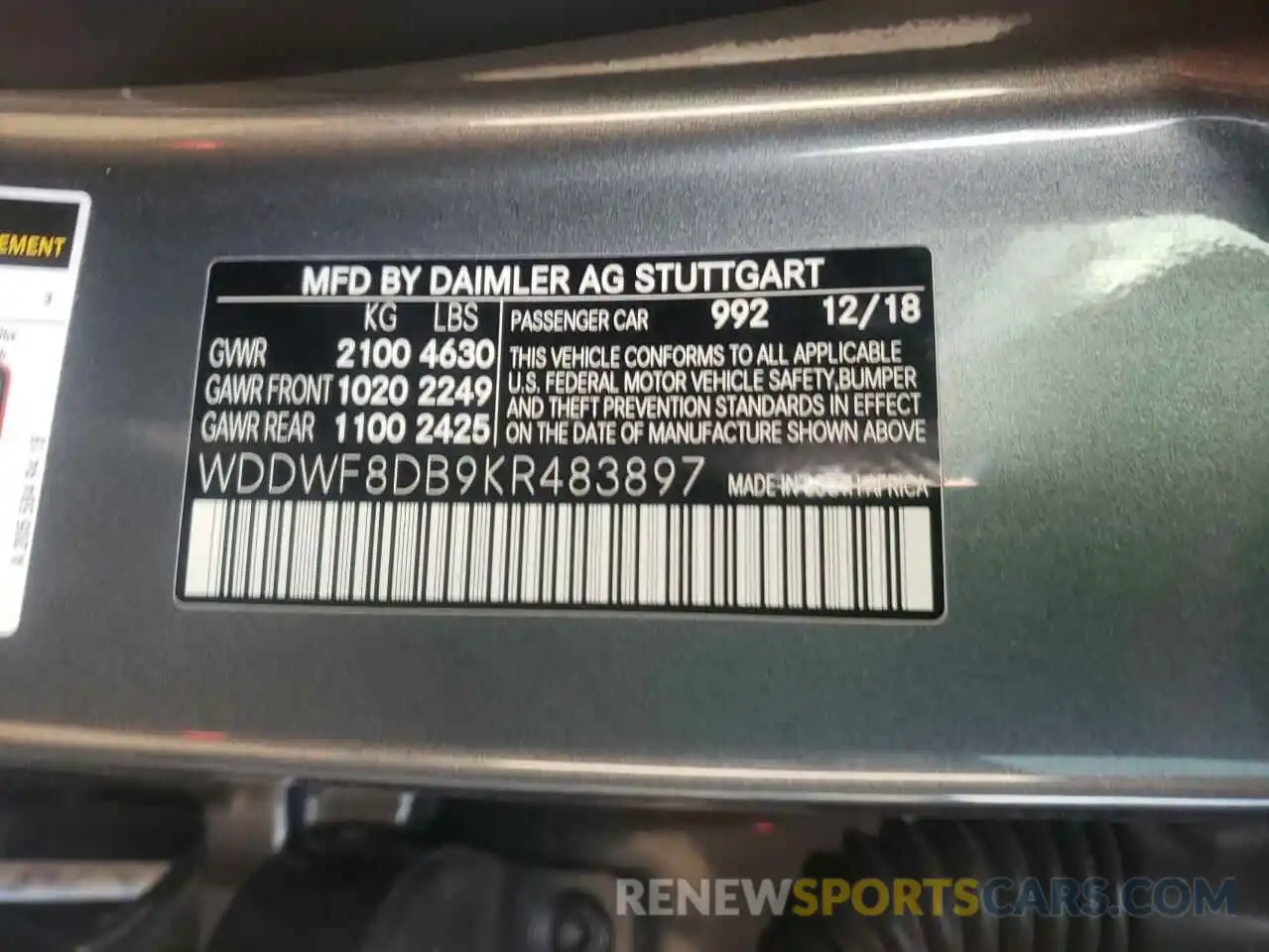 10 Photograph of a damaged car WDDWF8DB9KR483897 MERCEDES-BENZ C-CLASS 2019