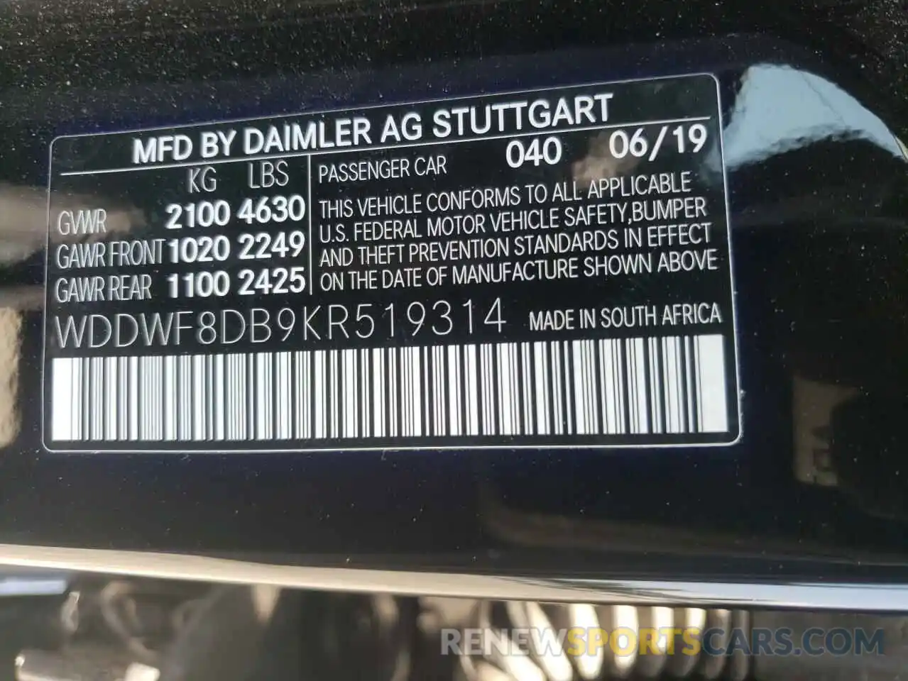 10 Photograph of a damaged car WDDWF8DB9KR519314 MERCEDES-BENZ C-CLASS 2019