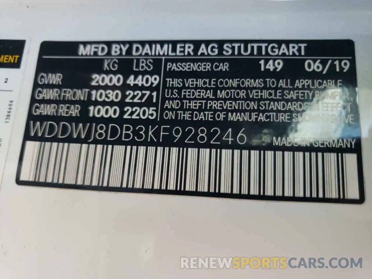 10 Photograph of a damaged car WDDWJ8DB3KF928246 MERCEDES-BENZ C-CLASS 2019