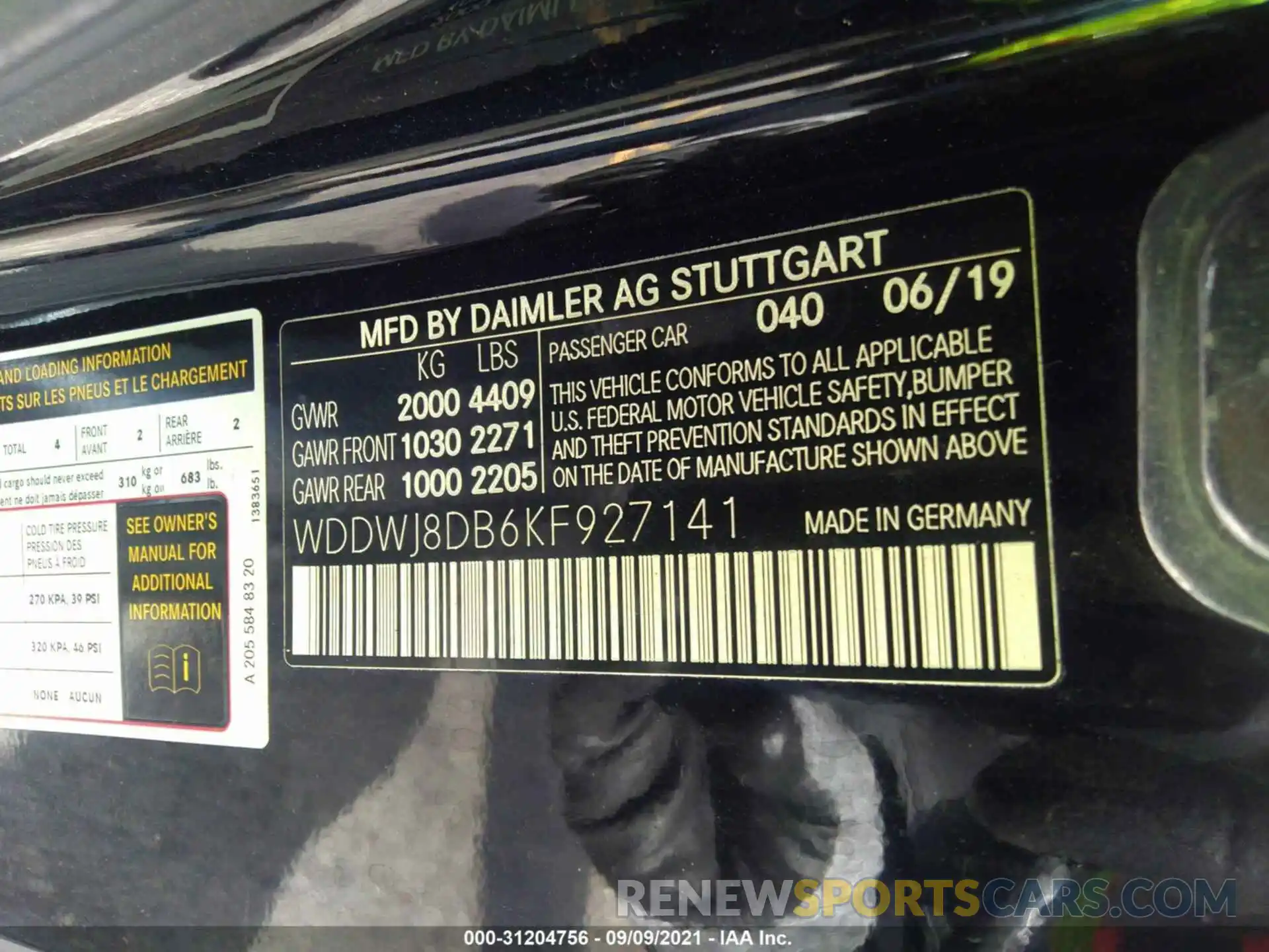 9 Photograph of a damaged car WDDWJ8DB6KF927141 MERCEDES-BENZ C-CLASS 2019