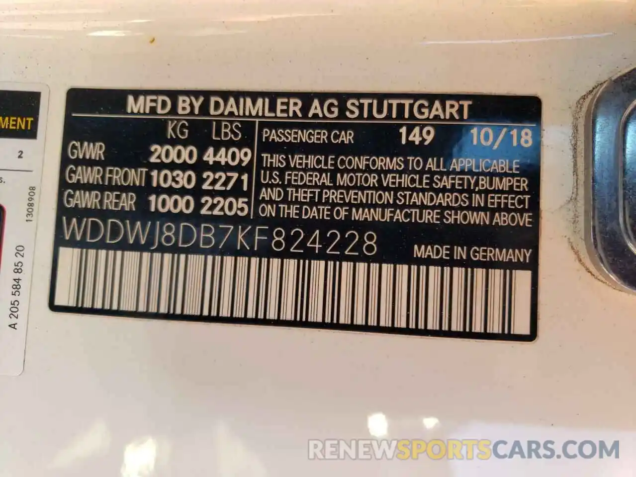 10 Photograph of a damaged car WDDWJ8DB7KF824228 MERCEDES-BENZ C-CLASS 2019