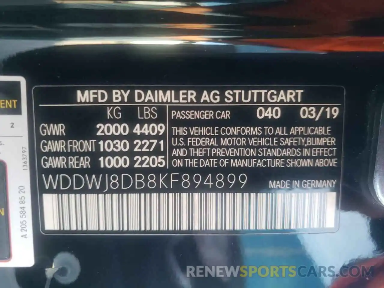 10 Photograph of a damaged car WDDWJ8DB8KF894899 MERCEDES-BENZ C-CLASS 2019