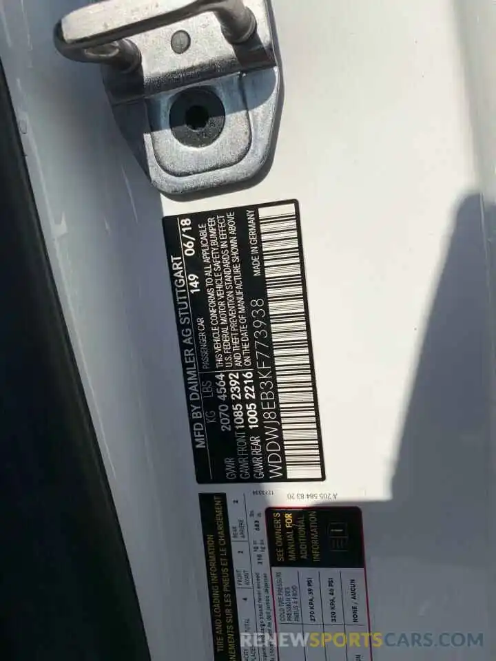 10 Photograph of a damaged car WDDWJ8EB3KF773938 MERCEDES-BENZ C CLASS 2019