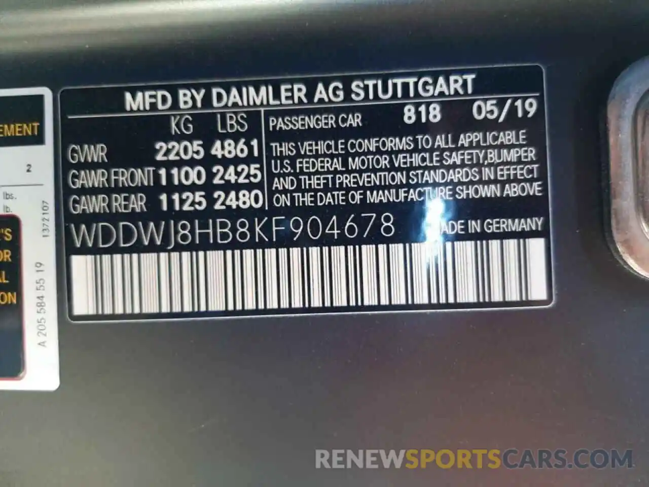 10 Фотография поврежденного автомобиля WDDWJ8HB8KF904678 MERCEDES-BENZ C-CLASS 2019