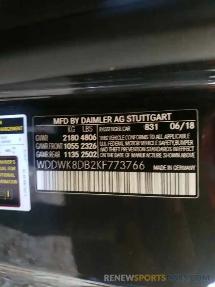 10 Photograph of a damaged car WDDWK8DB2KF773766 MERCEDES-BENZ C-CLASS 2019