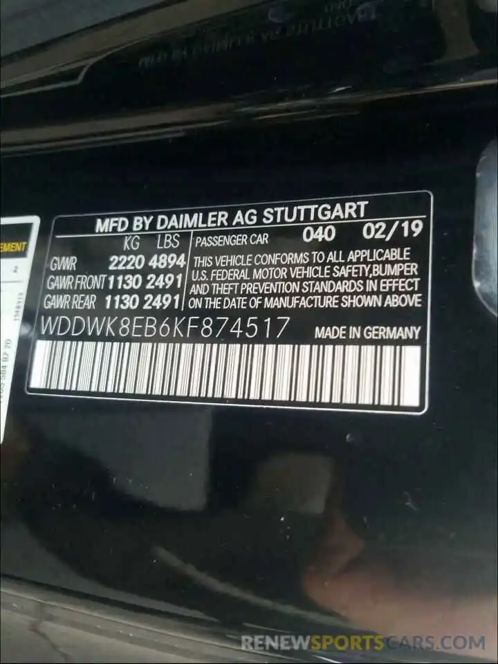 10 Photograph of a damaged car WDDWK8EB6KF874517 MERCEDES-BENZ C CLASS 2019