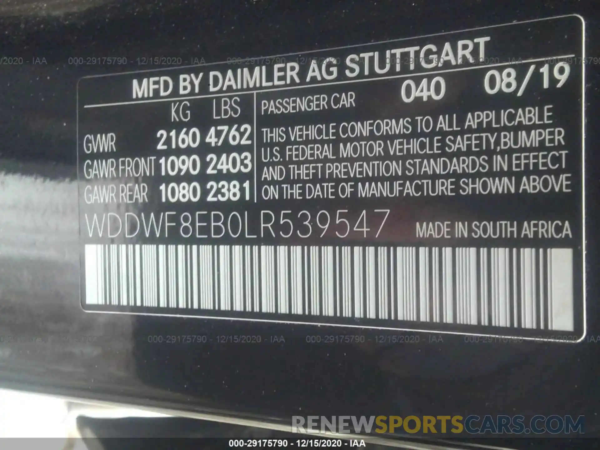 9 Фотография поврежденного автомобиля WDDWF8EB0LR539547 MERCEDES-BENZ C-CLASS 2020