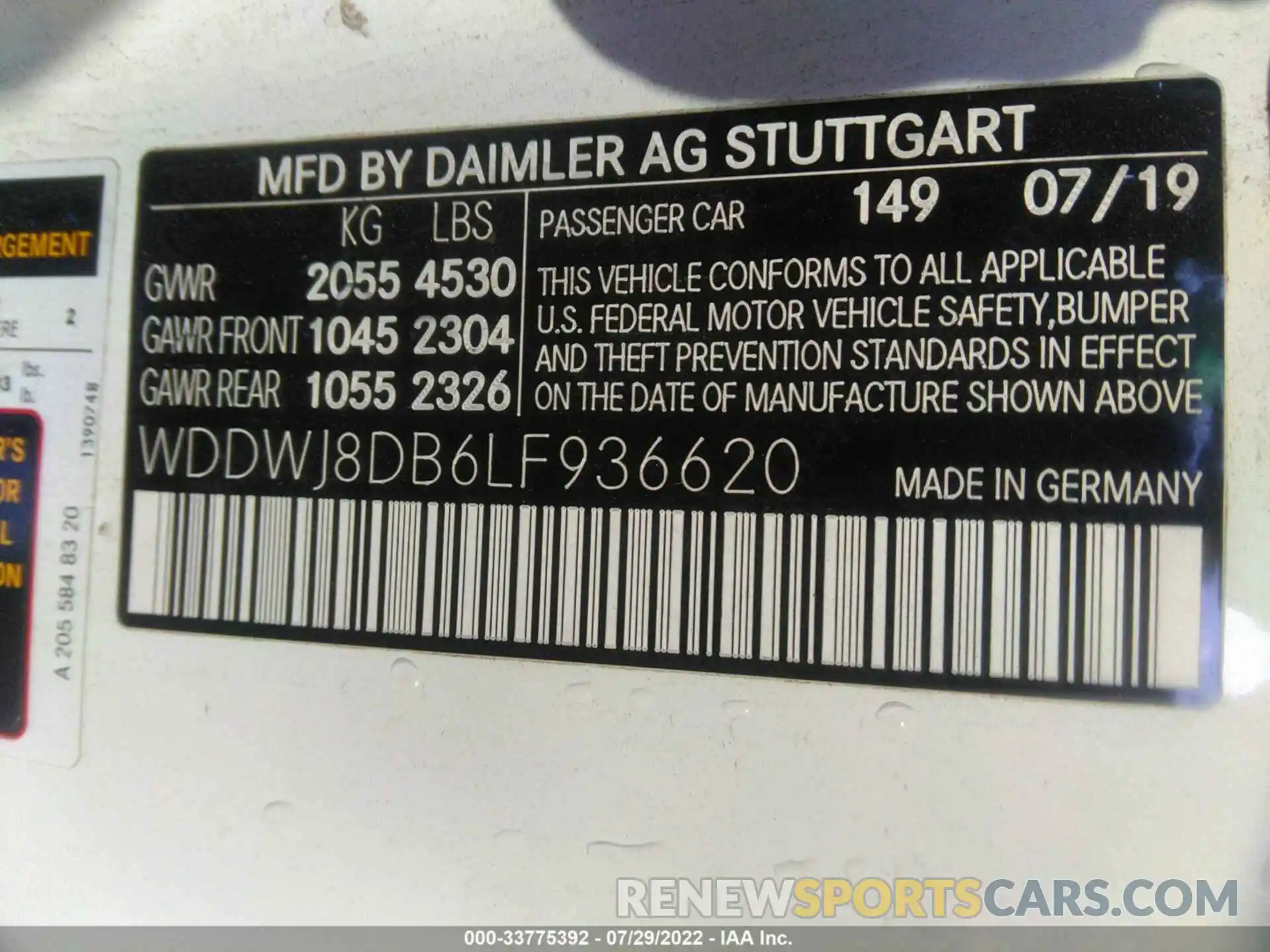 9 Photograph of a damaged car WDDWJ8DB6LF936620 MERCEDES-BENZ C-CLASS 2020