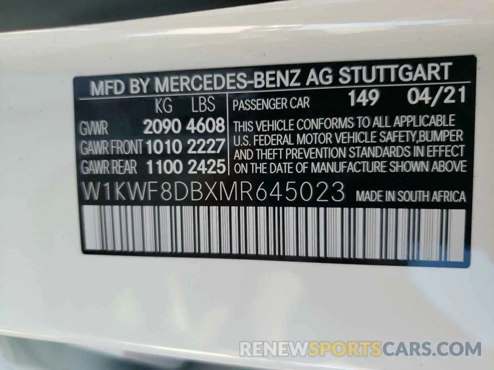 10 Photograph of a damaged car W1KWF8DBXMR645023 MERCEDES-BENZ C-CLASS 2021