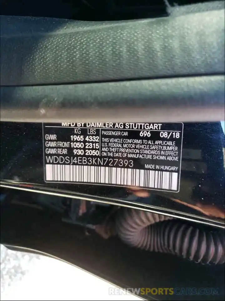 10 Photograph of a damaged car WDDSJ4EB3KN727393 MERCEDES-BENZ CLA-CLASS 2019