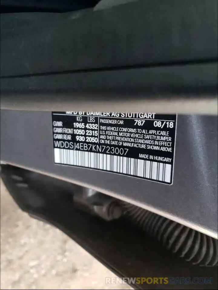 10 Photograph of a damaged car WDDSJ4EB7KN723007 MERCEDES-BENZ CLA-CLASS 2019