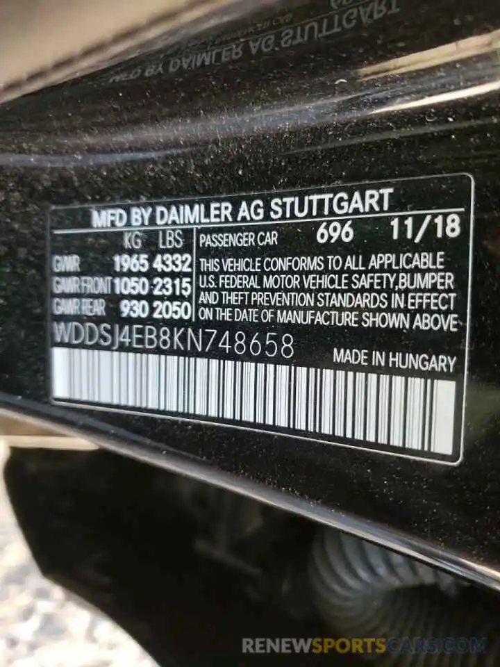 10 Photograph of a damaged car WDDSJ4EB8KN748658 MERCEDES-BENZ CLA-CLASS 2019