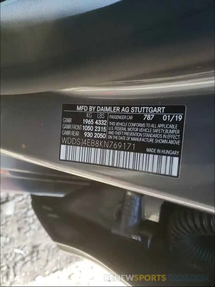 10 Photograph of a damaged car WDDSJ4EB8KN769171 MERCEDES-BENZ CLA-CLASS 2019