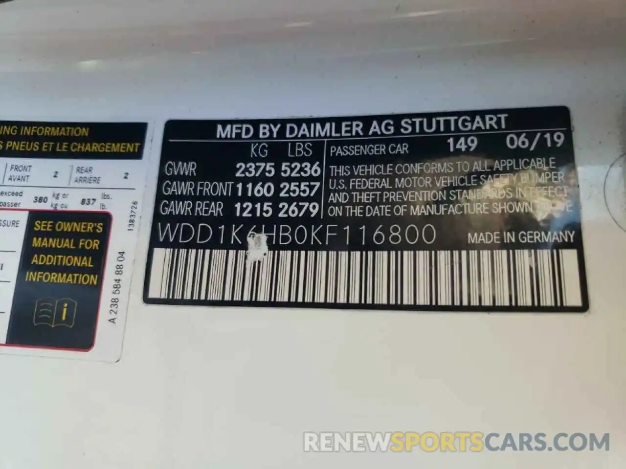 10 Photograph of a damaged car WDD1K6HB0KF116800 MERCEDES-BENZ E-CLASS 2019