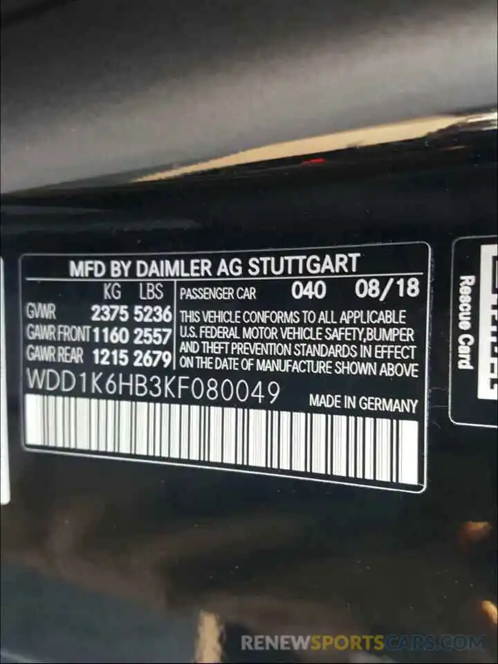 10 Photograph of a damaged car WDD1K6HB3KF080049 MERCEDES-BENZ E CLASS 2019