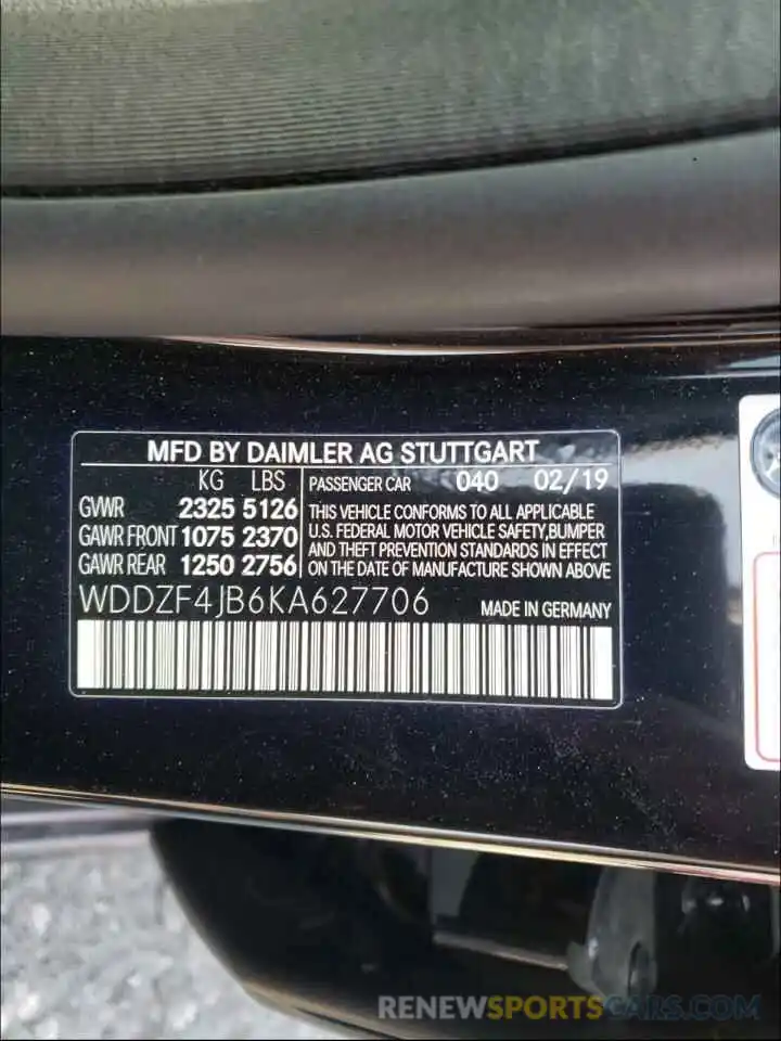 10 Фотография поврежденного автомобиля WDDZF4JB6KA627706 MERCEDES-BENZ E-CLASS 2019