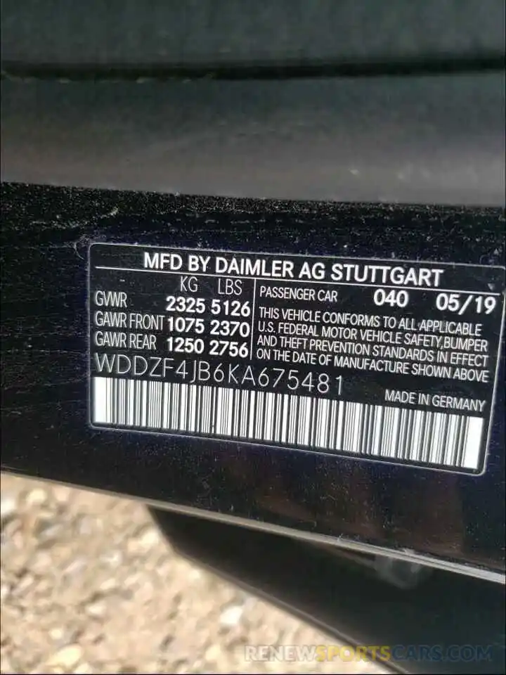 10 Photograph of a damaged car WDDZF4JB6KA675481 MERCEDES-BENZ E CLASS 2019