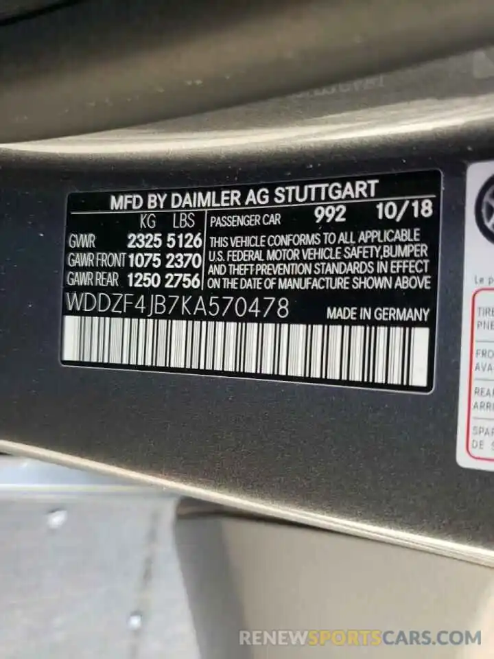 10 Photograph of a damaged car WDDZF4JB7KA570478 MERCEDES-BENZ E-CLASS 2019