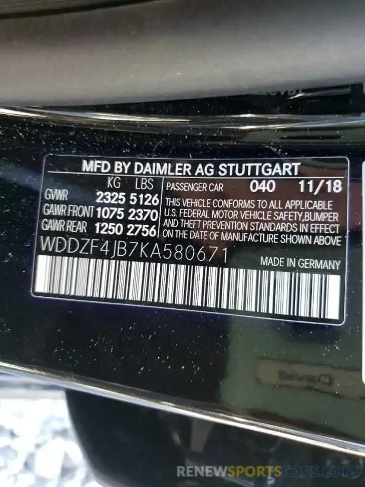 10 Photograph of a damaged car WDDZF4JB7KA580671 MERCEDES-BENZ E-CLASS 2019