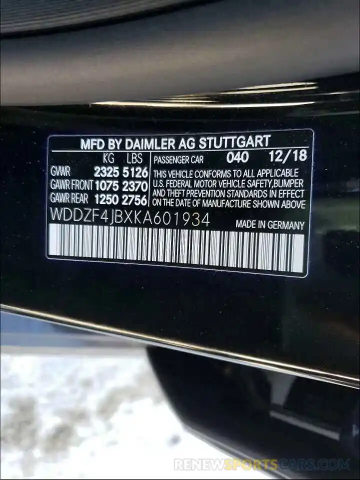 10 Photograph of a damaged car WDDZF4JBXKA601934 MERCEDES-BENZ E CLASS 2019