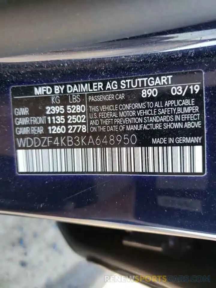 10 Photograph of a damaged car WDDZF4KB3KA648950 MERCEDES-BENZ E-CLASS 2019