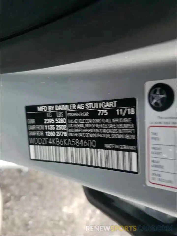 10 Photograph of a damaged car WDDZF4KB6KA584600 MERCEDES-BENZ E CLASS 2019
