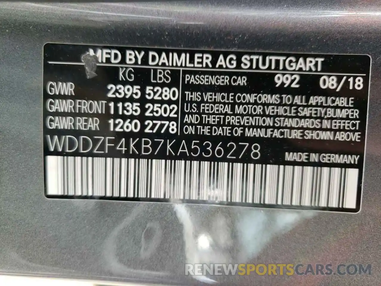 10 Photograph of a damaged car WDDZF4KB7KA536278 MERCEDES-BENZ E-CLASS 2019