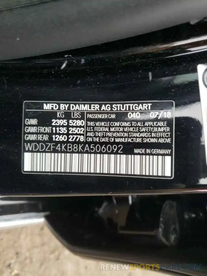 10 Photograph of a damaged car WDDZF4KB8KA506092 MERCEDES-BENZ E-CLASS 2019