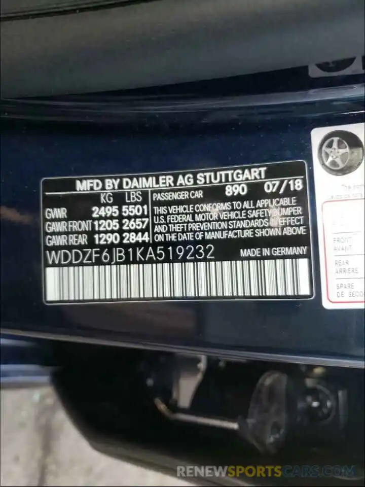 10 Photograph of a damaged car WDDZF6JB1KA519232 MERCEDES-BENZ E CLASS 2019