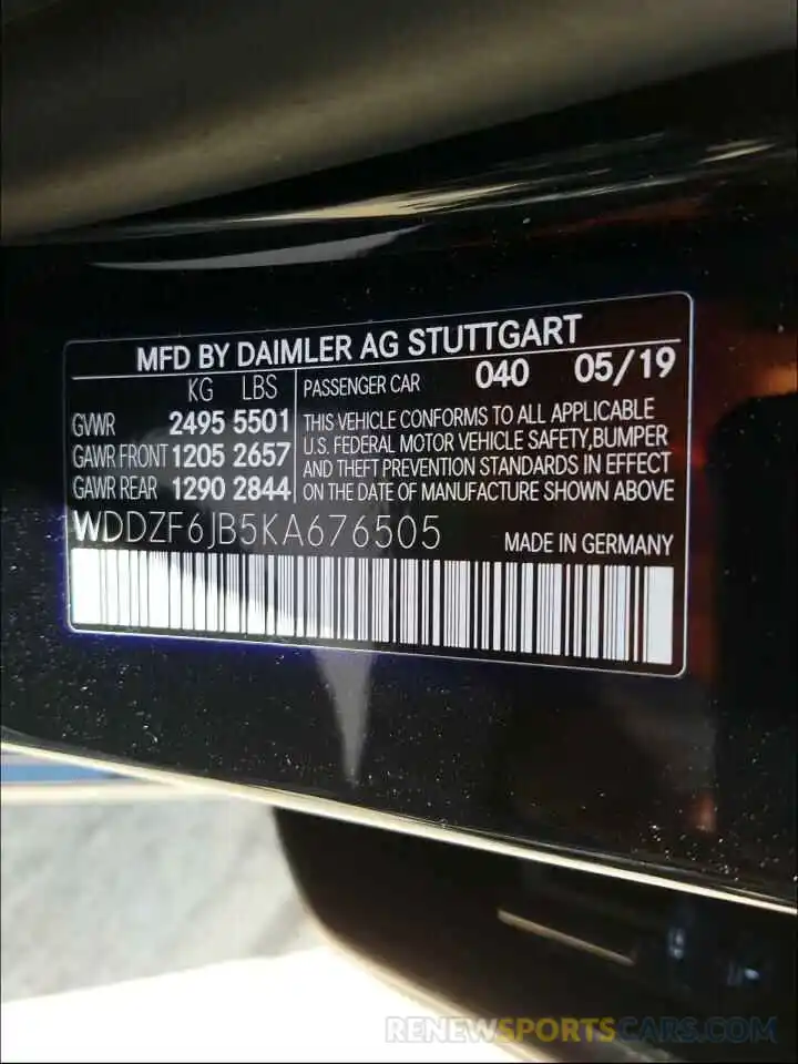 10 Photograph of a damaged car WDDZF6JB5KA676505 MERCEDES-BENZ E CLASS 2019