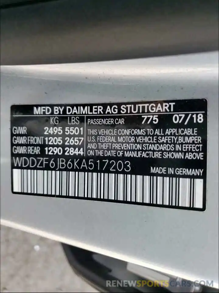 10 Photograph of a damaged car WDDZF6JB6KA517203 MERCEDES-BENZ E CLASS 2019