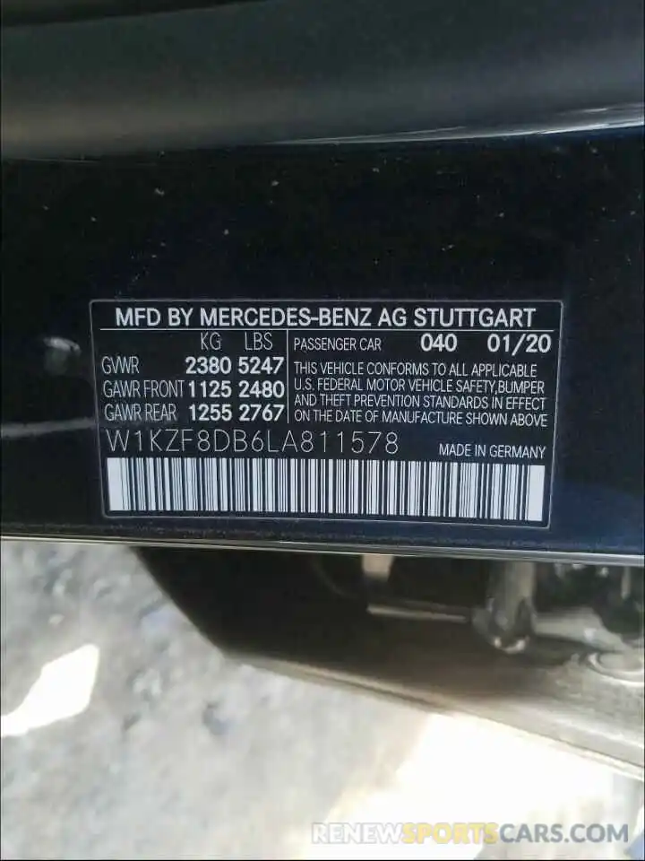 10 Photograph of a damaged car W1KZF8DB6LA811578 MERCEDES-BENZ E CLASS 2020