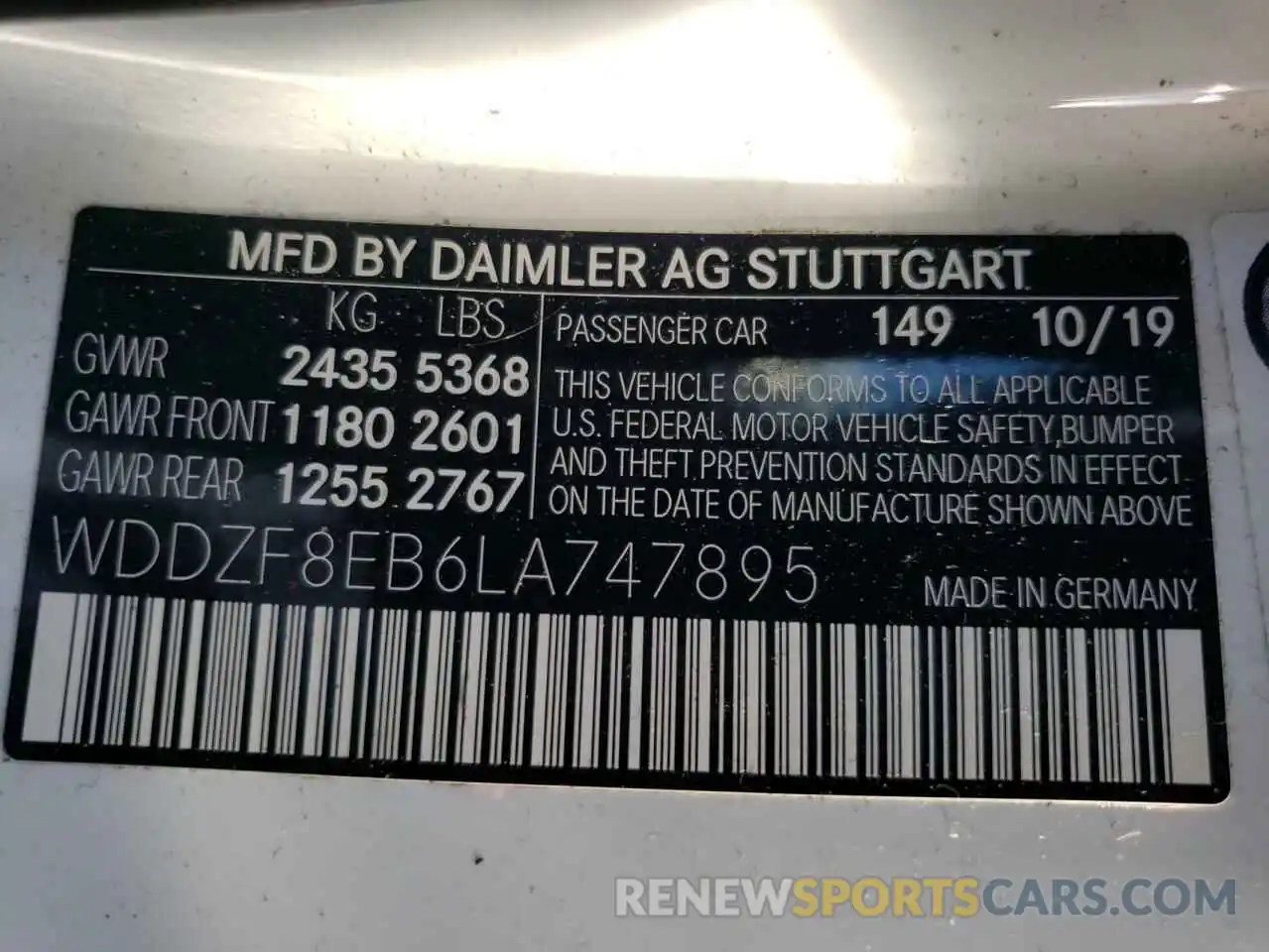 10 Photograph of a damaged car WDDZF8EB6LA747895 MERCEDES-BENZ E-CLASS 2020