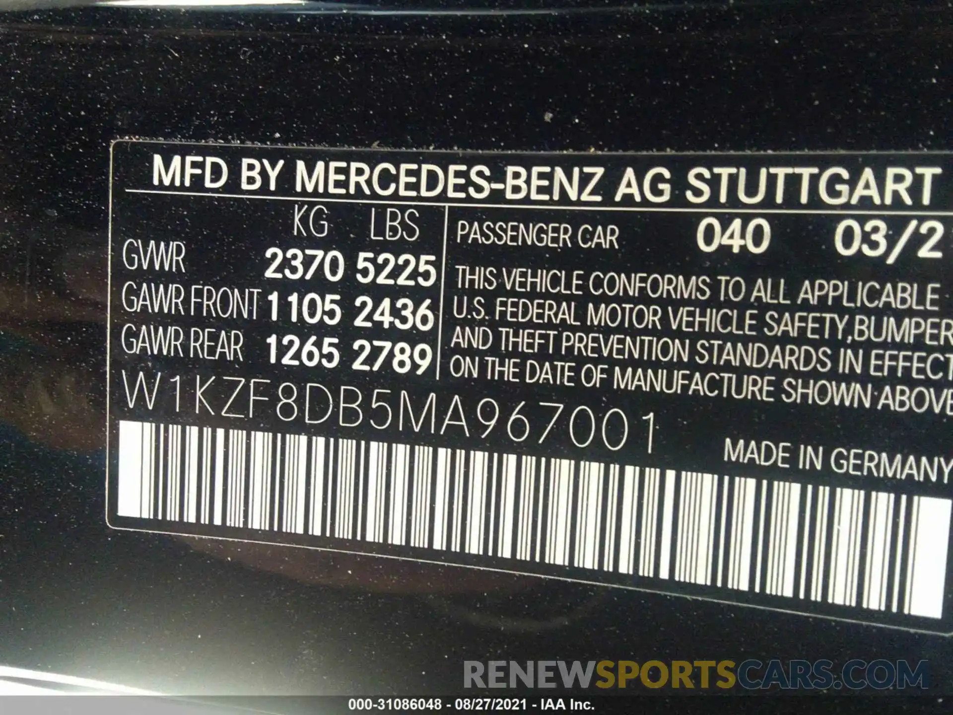 9 Photograph of a damaged car W1KZF8DB5MA967001 MERCEDES-BENZ E-CLASS 2021