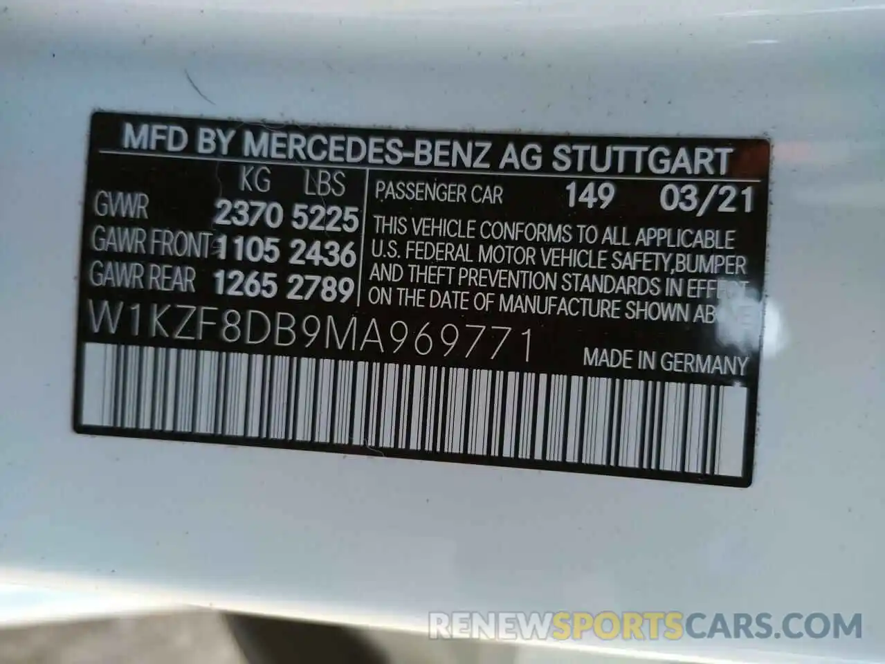 10 Photograph of a damaged car W1KZF8DB9MA969771 MERCEDES-BENZ E-CLASS 2021