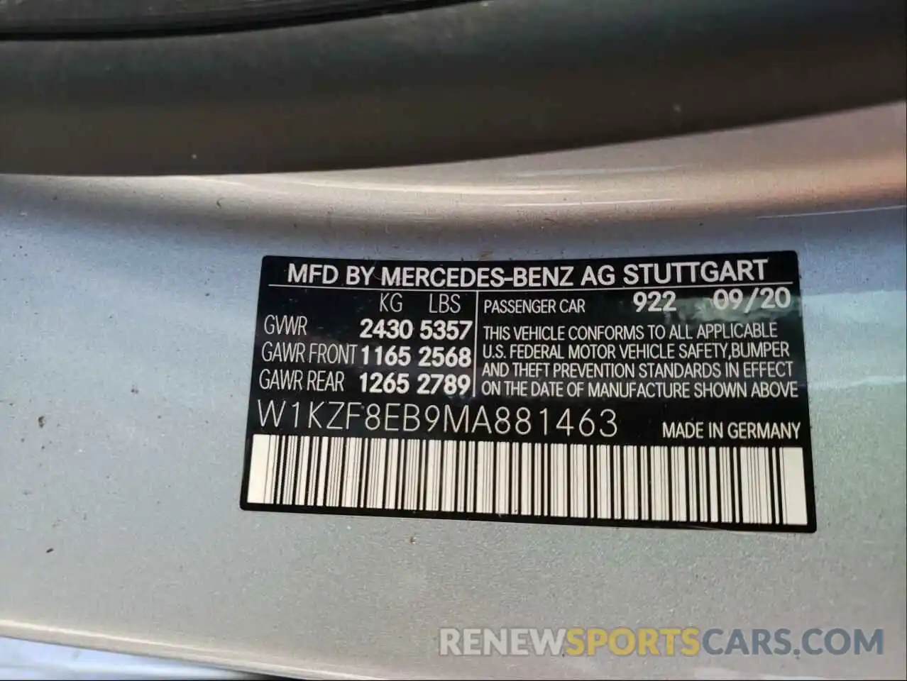 10 Photograph of a damaged car W1KZF8EB9MA881463 MERCEDES-BENZ E-CLASS 2021