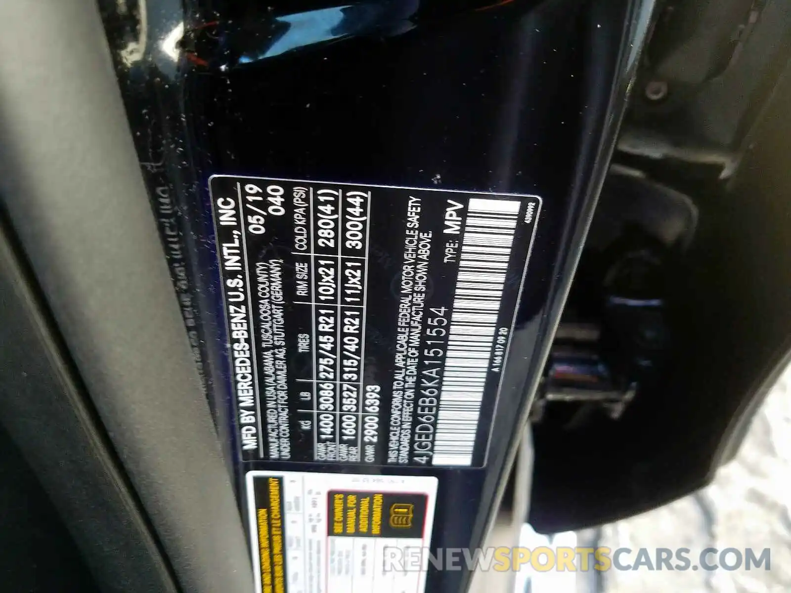 10 Photograph of a damaged car 4JGED6EB6KA151554 MERCEDES-BENZ G CLASS 2019