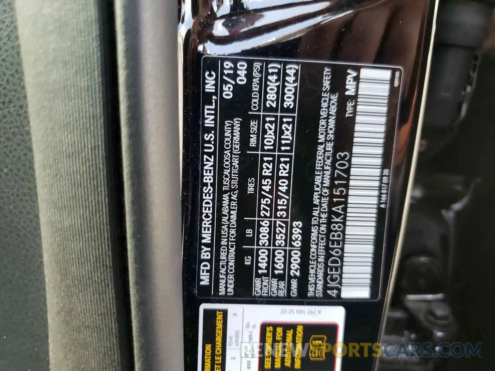 10 Photograph of a damaged car 4JGED6EB8KA151703 MERCEDES-BENZ G CLASS 2019