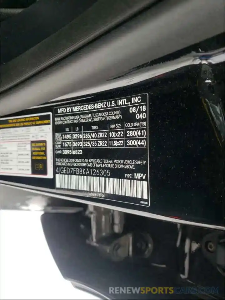 10 Photograph of a damaged car 4JGED7FB8KA126305 MERCEDES-BENZ G CLASS 2019