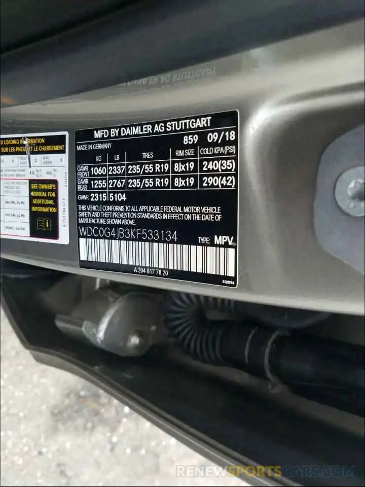 10 Photograph of a damaged car WDC0G4JB3KF533134 MERCEDES-BENZ G CLASS 2019