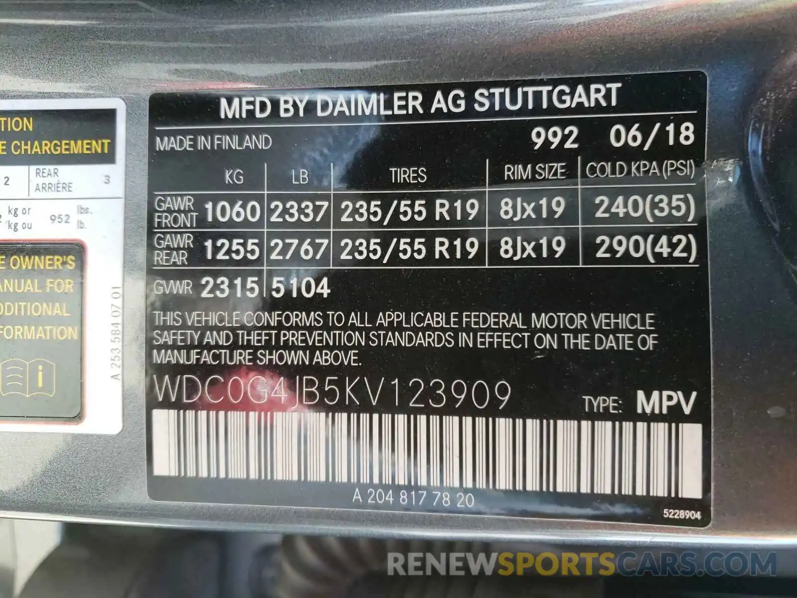 10 Photograph of a damaged car WDC0G4JB5KV123909 MERCEDES-BENZ G CLASS 2019