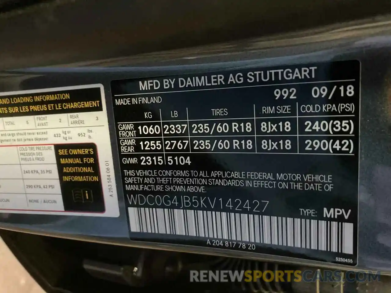 10 Photograph of a damaged car WDC0G4JB5KV142427 MERCEDES-BENZ G CLASS 2019