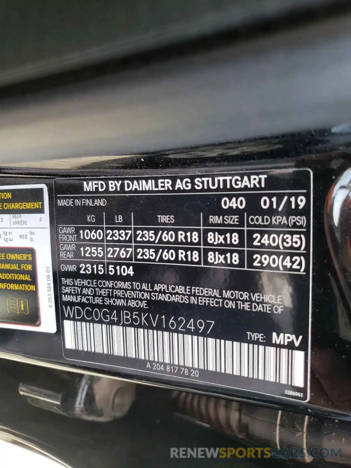 10 Photograph of a damaged car WDC0G4JB5KV162497 MERCEDES-BENZ G CLASS 2019